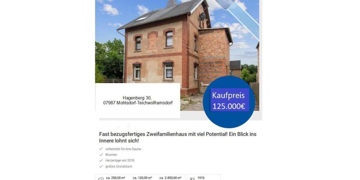 Einfamilienhaus Mohlsdorf-Teichwolframsdorf Teichwolframsdorf - 8 Zimmer, 250 m&sup2;, 125.000&euro; | Angebot:25182514